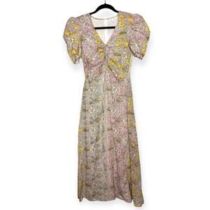 Anna Cate Midi dress puffy sleeves floral colorful 100% cotton lined size XS